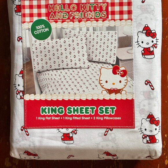 Hello Kitty Christmas Candy Canes King Size Cotton Sheet Set100% cotton